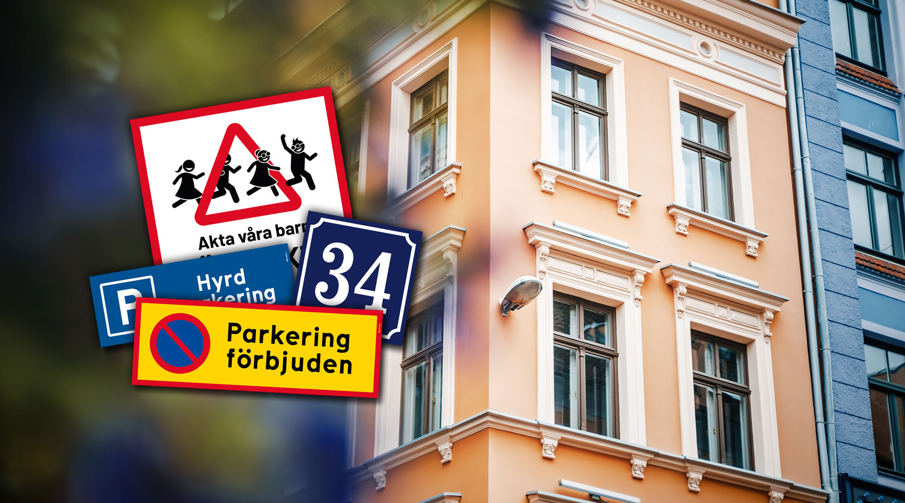 Skyltar för BRF och fastigheter med parkeringsskyltar, husnummer och tydlig fastighetsskyltning i bostadsområde