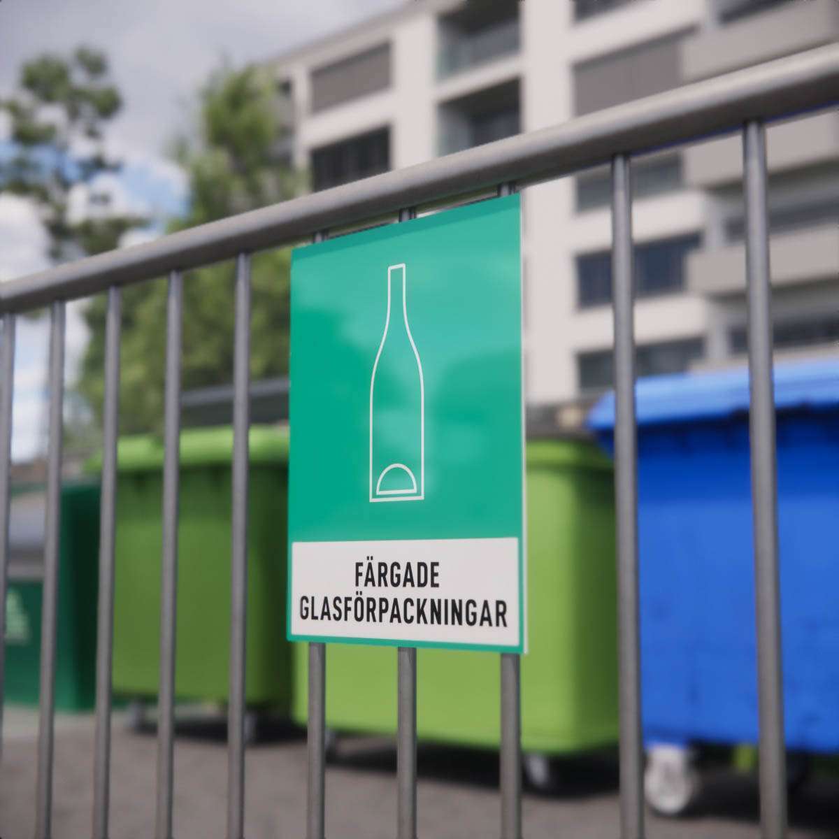 Återvinningsskylt - Färgade glasförpackningar - Nosico