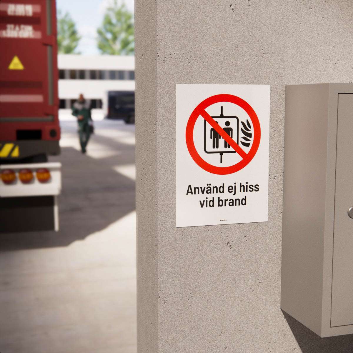 Förbudsskylt - Använd ej hiss vid brand - Nosico