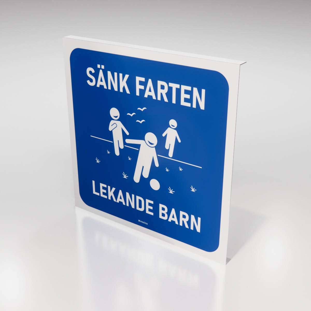 Vägskylt - Sänk farten lekande barn - Nosico