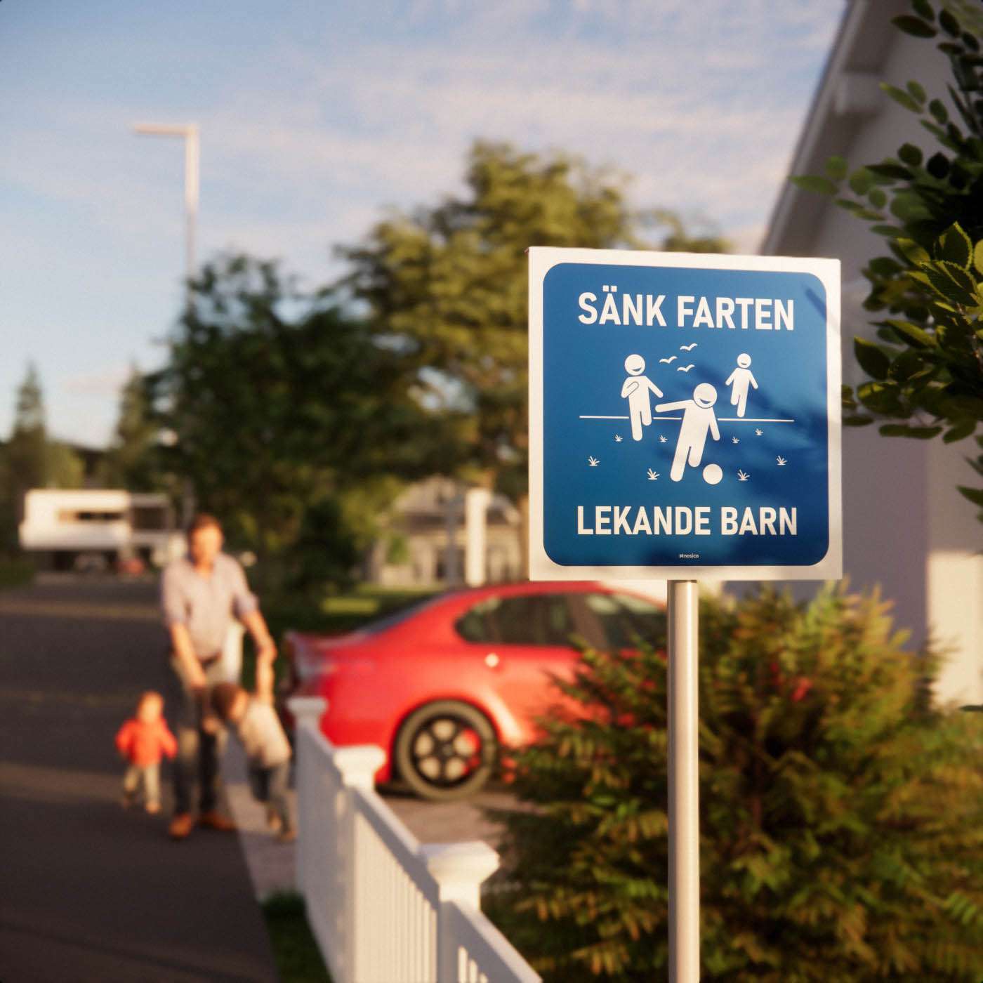 Vägskylt - Sänk farten lekande barn - Nosico