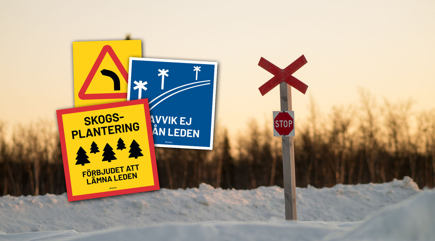 Skoterskyltar och ledmarkeringar längs skoterled i vintermiljö